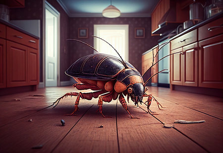 Cockroaches roam the kitchen - a household pest problem to solve. Realistic illustration created by Generative AIの素材