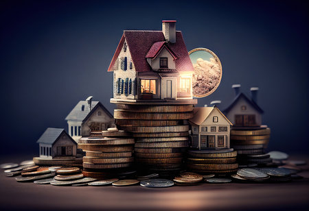 This photo displays small, detailed houses balanced on stacks of coins, symbolizing the potential financial growth and stability that comes with sound financial planning. Realistic illustration created by Generative AIの素材