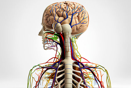 This image illustrates the intricate neural pathways and connections within the human nervous system, including the spinal cord, brainstem, and various regions of the brain. Realistic illustration created by Generative AIの素材