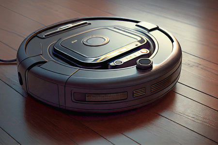 Watch as a robot vacuum thoroughly cleans dirty room floors, leaving them spotless and free of dust and debris. Realistic illustration created by Generative AIの素材