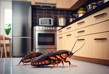 Cockroaches scurry around in the kitchen - time to call the exterminator. Realistic illustration created by Generative AIの素材