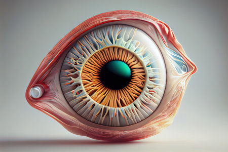 This anatomically accurate 3D model of the eye displays all major structures including the cornea, iris, pupil, retina. Realistic illustration created by Generative AI