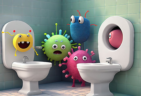 In this fun and informative image, happy microbes are sitting on the toilet, highlighting the importance of good hygiene and sanitizing for your health and overall well-being. Realistic illustration created by Generative AIの素材