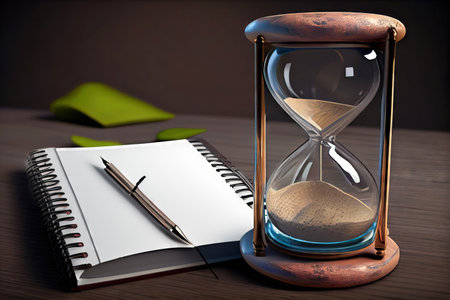 This image captures the essential tools for effective time management, including an hourglass, pen, and notebook, which are all laid out neatly on a table. Realistic illustration created by Generative AIの素材