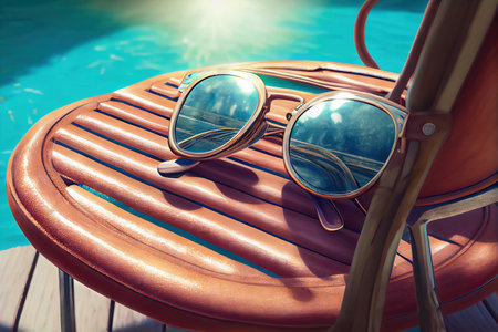 Enjoy the warm sunshine by the pool with these stylish sunglasses resting on a comfortable sun lounger. Realistic illustration created by Generative AIの素材