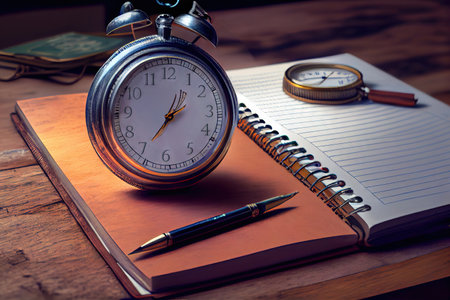 Get your schedule in order with this image of a vintage clock, sleek pen, and fresh notebook on a wooden desk. These tools are essential for successful time management and productivity. Realistic illustration created by Generative AIの素材