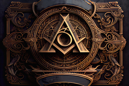 This complex design featuring the Triscele, anarchy symbol and Masonic sign - compasses and ruler is an intriguing display of esoteric symbols that hold great meaning and significance in the occult world. Realistic illustration created by Generative AIの素材