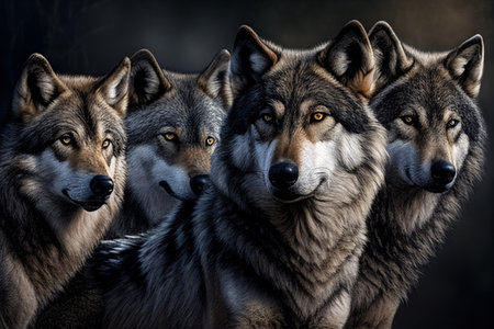 Close up portrait of gray wolf family in the forest. Wolf, a large pack of lupus or timber wolves at sunset in the forest in winter. Realistic illustration created by Generative AIの素材