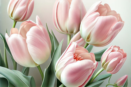 These pink tulips are a true work of art. The soft pastel background creates a gentle, calming feel that perfectly complements the beauty of the delicate petals. A stunning addition to any room. Realistic illustration created by Generative AIの素材