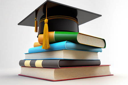 A graduation cap, the ultimate symbol of academic success, is shown resting on a pile of books, symbolizing the knowledge and hard work that have led to this achievement. Realistic illustration created by Generative AIの素材