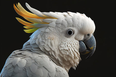 Close-up portrait of a cockatoo parrot, Yellow-crested cockatoo. The head of a white bird. Realistic illustration created by Generative AIの素材