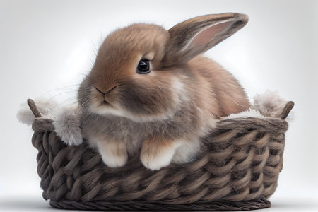 This sweet image showcases a cute and cuddly rabbit sitting in a cozy basket. The rabbit's fluffy fur and charming features make it an ideal image for animal lovers. Realistic illustration created by Generative AIの素材