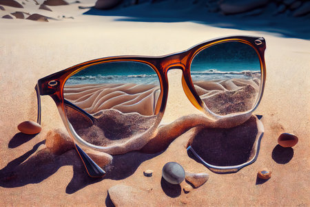 Get ready for a day of relaxation with this classic pair of sunglasses resting on the sandy shore of the ocean. Realistic illustration created by Generative AIの素材