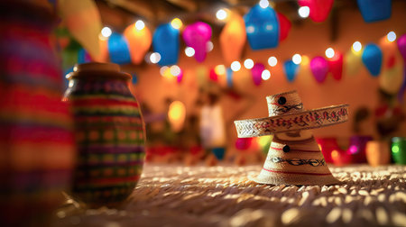 A beautiful wicker national hat, a symbol of Brazilian culture, displayed against the vibrant and festive decorations of the Junina festa celebration. The hat represents the cultural traditions and lively atmosphere of the event. Realistic illustration created by Generative AIの素材