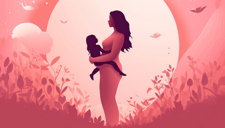 The unbreakable bond between a mother and child is showcased in this beautiful image as she lovingly holds her little one against a background of gentle pastel hues. copyspace. Realistic illustration created by Generative AIの素材
