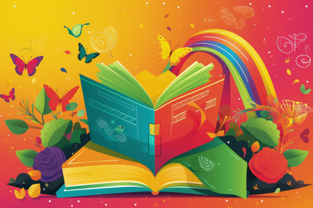 An open book on a bright yellow background with colorful butterflies flying around it. This illustration captures the essence of the book festival concept, especially for World Poetry Day. The image was created by Generative AIの素材