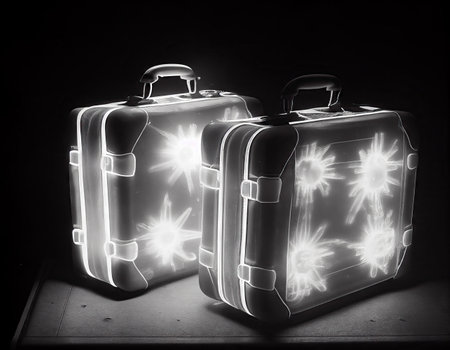 Scanning bags at the airport for explosive ordnance. x-ray of two suitcases. Concept Carriage of prohibited items in checked baggage. Realistic illustration. Created by Generative AIの素材