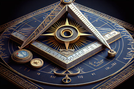 image of the compass and ruler sign, one of the main symbols of the Masonic tradition, symbolizing accuracy and order. Realistic illustration created by Generative AIの素材
