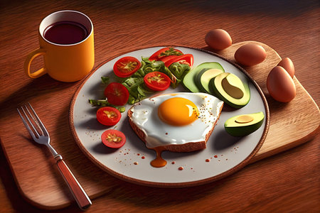 Keto diet concept. Keto breakfast: eggs, avocado, fish, meat, tomato, vegetables on a plate. Realistic illustration created by Generative AIの素材