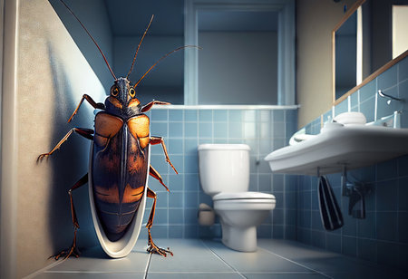 A bathroom overrun with a swarm of cockroaches. Realistic illustration created by Generative AIの素材