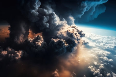 Get lost in the vast expansion of space with this stunning image of Cumulonimbus star dust clouds, a cosmic masterpiece that showcases the beauty and wonder of the universe. Realistic illustration created by Generative AI