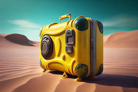 Travel with a yellow suitcase through the desert between dunes and dunes with sand against a blue sky with clouds, concept 3d illustration or 3d rendering. Realistic illustration. Created by Generative AIの素材