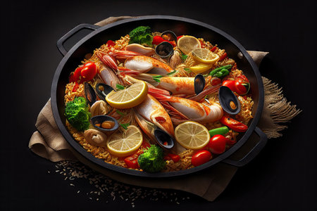 Paella with seafood, mussels and shrimps in pan. Traditional Spanish dish on a dark background. Realistic illustration created by Generative AIの素材