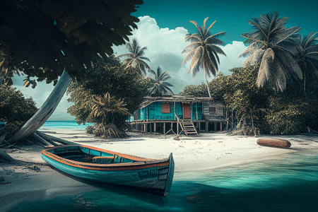 Romantic cozy island in the middle of the sea. Generative AIの素材