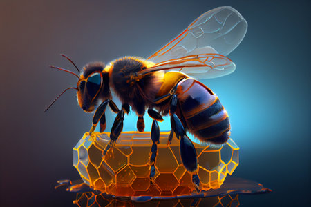 A bee sits on a honeycomb close-up. macro. Generative AIの素材