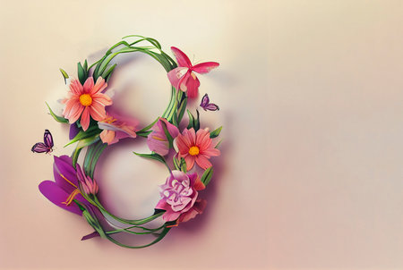 8 March greeting card template with 3d realistic number eight and rose petals. Happy International Women's Day. Multicolor vector illustration for poster, banner, social media. spring holiday. copyspace. Generative AIの素材