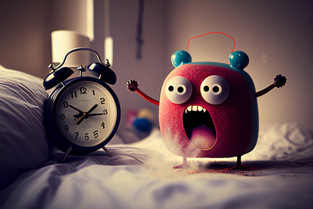 Angry character in the form of a red alarm clock yells at an unexpectedly ringing alarm clock. Generative AIの素材