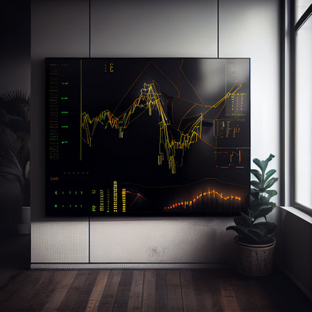 A large monitor on the office wall depicting financial statistics and data analytics. Stock market, investment, finance and trading. trading platform. Graphical representation of the rise and fall of indicators. Ideal for web design, banners and presentations. Generative AIの素材