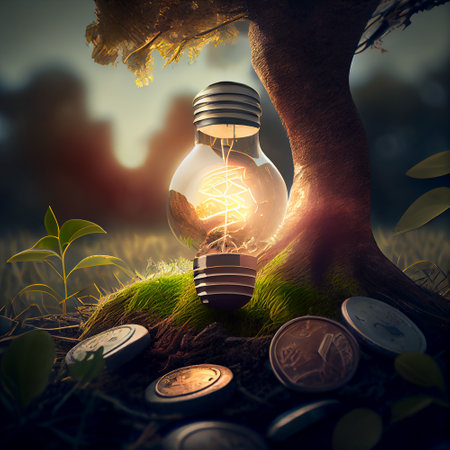 In the rays of the setting sun on a green meadow under a tree, a light bulb glows among scattered coins. The concept of saving the planet, safe, environmentally friendly, green energy, 3d. Generative AIの素材