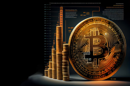 Bitcoin exchange rate chart made of gold coins. The concept of financial transactions with virtual cryptocurrency. 3d model. Generative AIの素材
