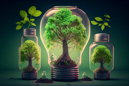 Three light bulbs with green trees inside, the concept of saving the planet, safe, environmentally friendly, green energy, 3d. Generative AIの素材