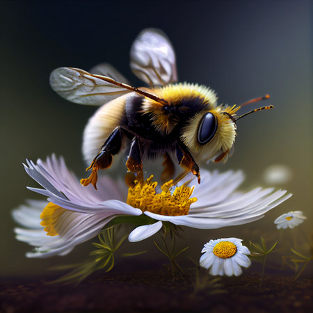 Bumblebee pollinating on a chamomile flower makro. Generative AIの素材