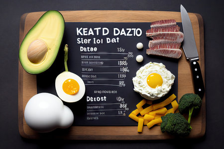 Keto diet concept. Keto breakfast: eggs, avocado, fish, meat, tomato, vegetables on a board. Realistic illustration created by Generative AIの素材