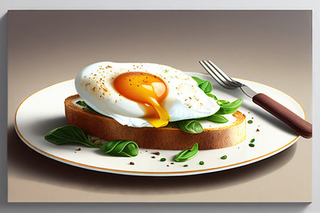 Egg Benedict toast on a plate. Poached egg on bread close-up. Healthy breakfast. Realistic illustration created by Generative AIの素材