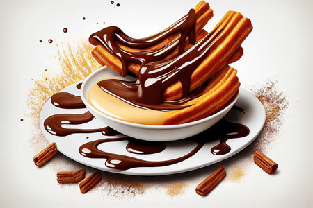 Traditional spanish dessert churros created with generative AI technology. Realistic illustration of a plate of churros drizzled with chocolate sauce on a white background. Generative AIの素材