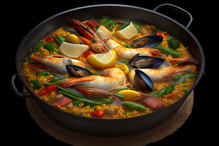 Traditional spanish seafood paella with seafood, mussels, shrimps. in pan on a dark background. Realistic illustration created by Generative AIの素材