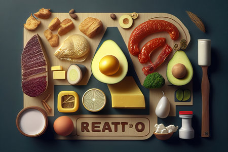 Keto diet concept. Keto breakfast: eggs, avocado, fish, meat, tomato, vegetables on a board. Realistic illustration created by Generative AIの素材