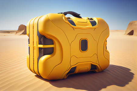 Yellow suitcase on the sand between the dunes of the desert coast of the island under the scorching summer sun. Generative AIの素材