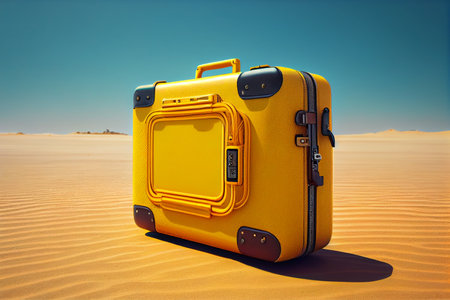 Summer travel with yellow suitcase, desert, sand isolated on blue sky background, concept 3d illustration or 3d rendering. Generative AIの素材