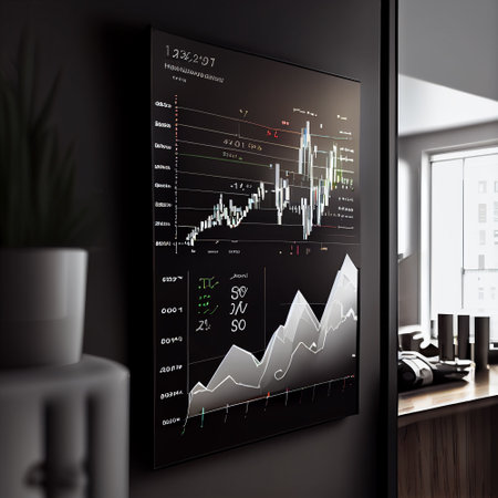 Financial investment trader's office. Picture of financial statistics and data analytics. Stock market, investment, finance and trading. trading platform. Graphical representation of the rise and fall of indicators. Ideal for web design, banners and presentations. Generative AIの素材