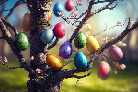 Easter eggs on the tree on a bright sunny day. Realistic illustration. Created by Generative AIの素材