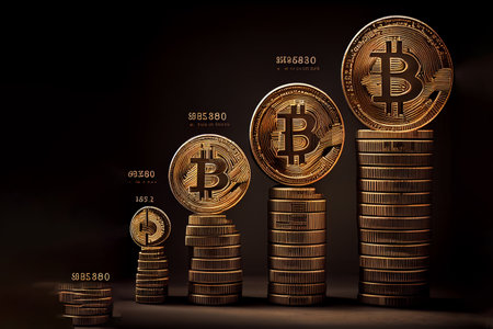 Realistic image of gold coins of bitcoin cryptocurrency laid out as a growth chart. The concept of financial transactions with virtual cryptocurrency. 3d model. Generative AIの素材