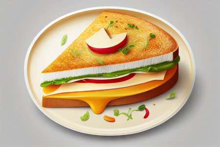 Appetizing sandwich toast grilled with cheese and tomatoes on a plate on a light background. Realistic illustration created by Generative AIの素材