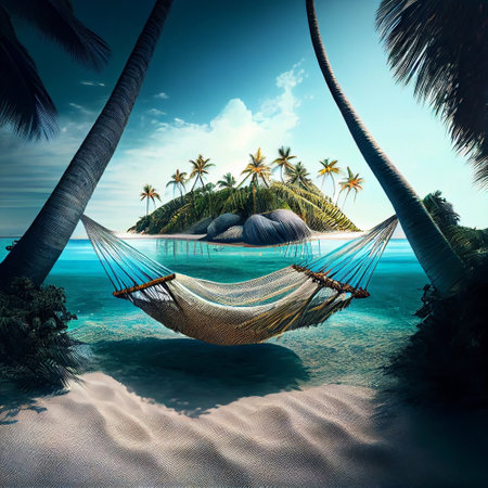 Romantic hammock between palm trees on the tropical beach by the sea. Generative AIの素材