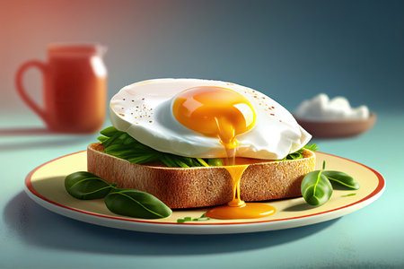 Toast with poached egg and greens close-up on a plate. The yolk flows onto the bread. Realistic illustration created by Generative AIの素材