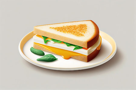 Appetizing Sandwich with cheese on a plate on a light background. Realistic illustration created by Generative AIの素材